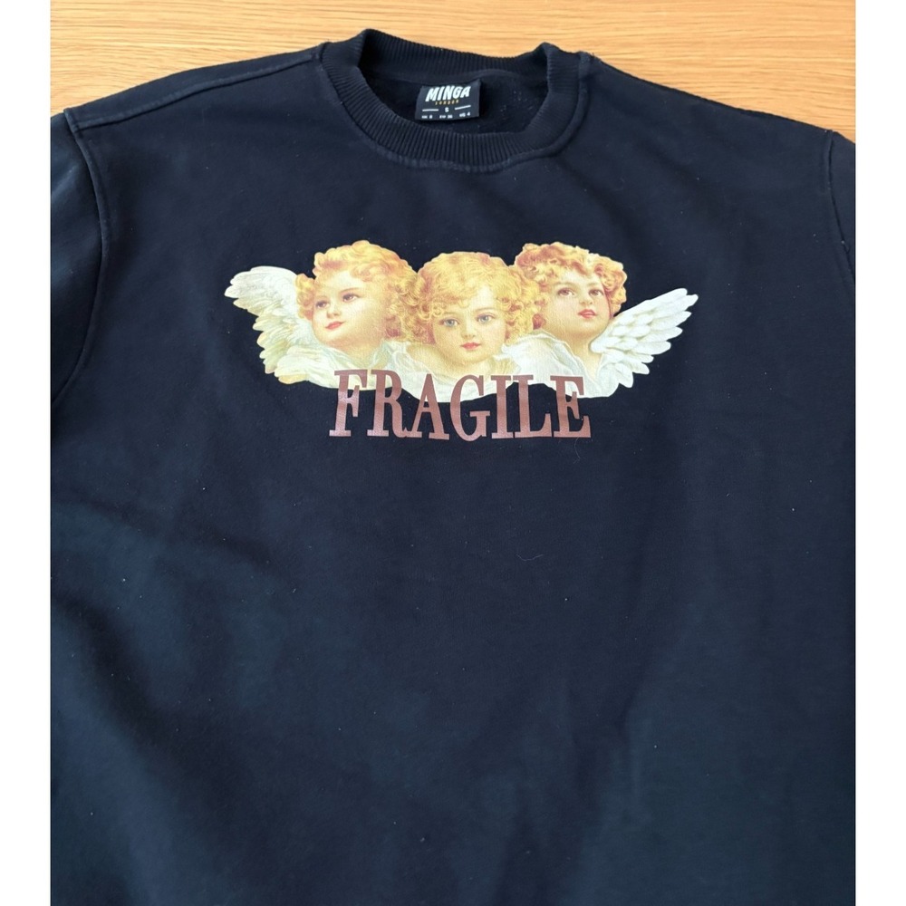Minga London "Fragile" Black Cherub Pullover Sweatshirt Sz S UK 8 Graphic - Picture 3 of 7